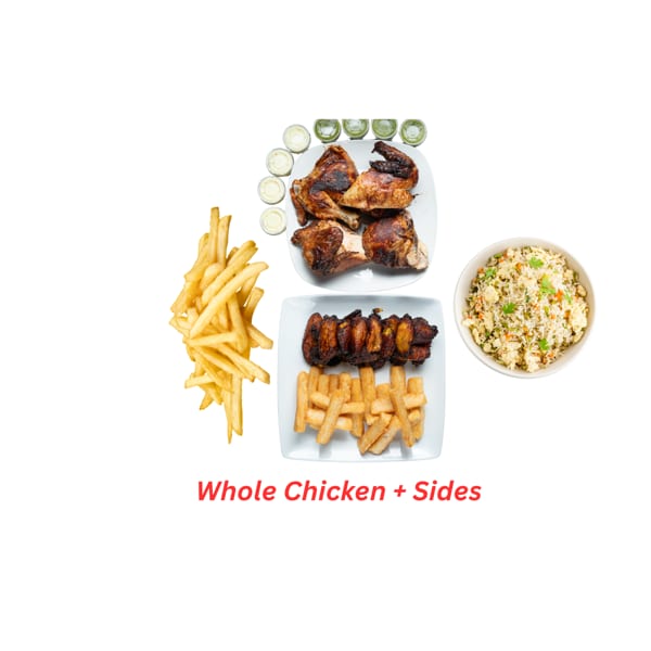 Tandoori Pollo a la Brasa's whole chicken, chicken wings, french fries, fried rice, and sauces.